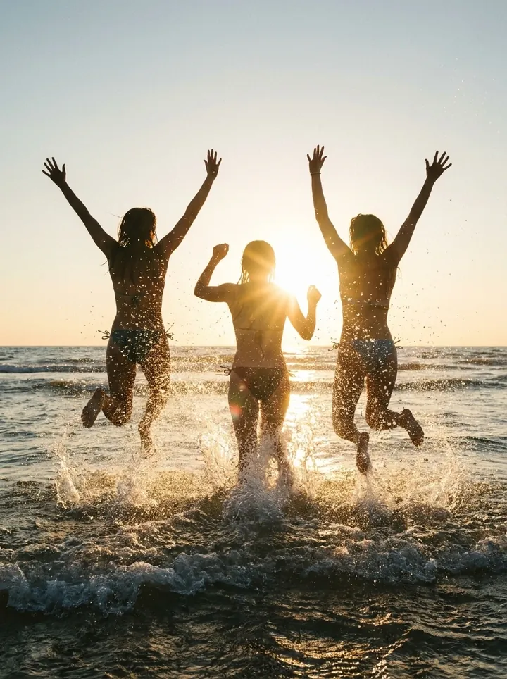 Three friends running into the sea at sunset, arms up, mid-jump