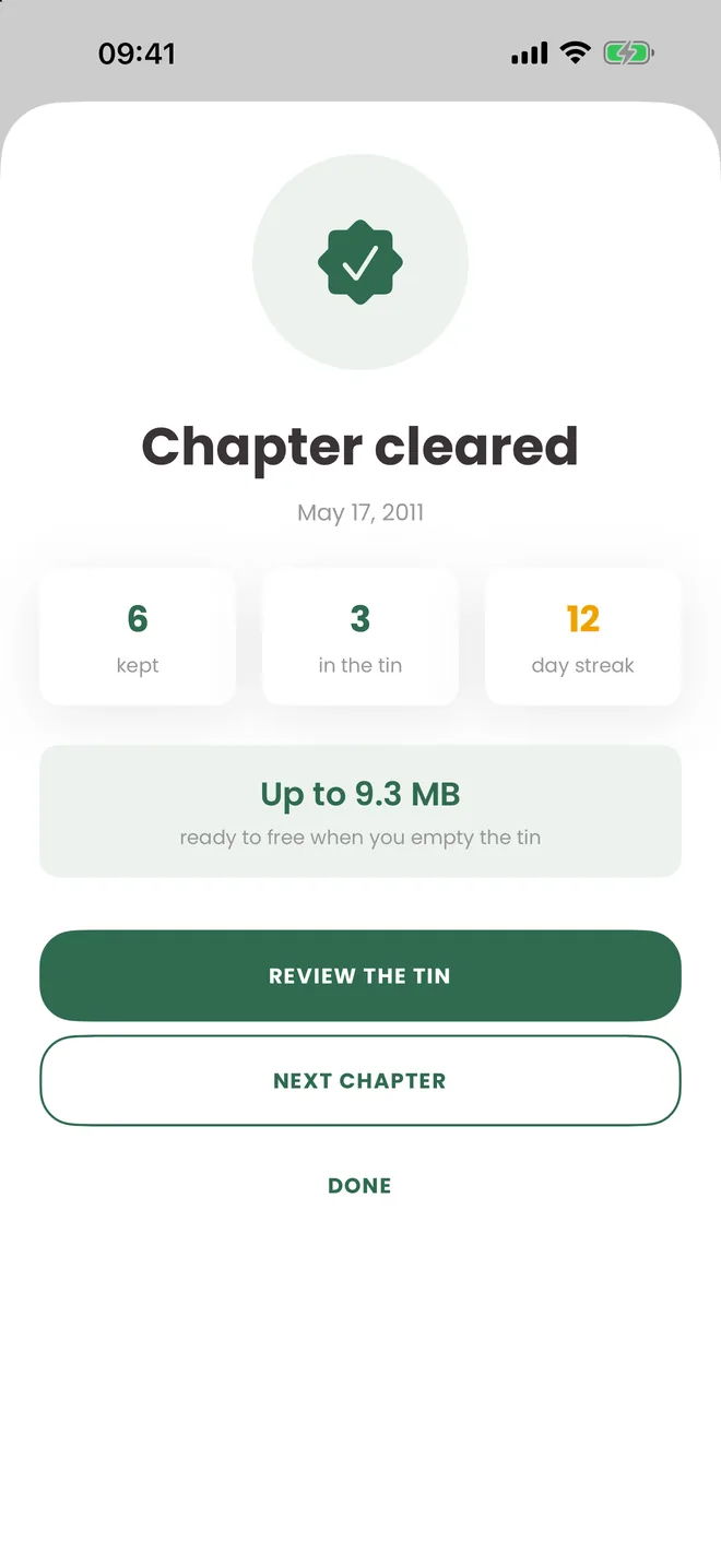 Chapter cleared summary: 6 kept, 3 in the tin, 12 day streak, up to 9.3 MB ready to free