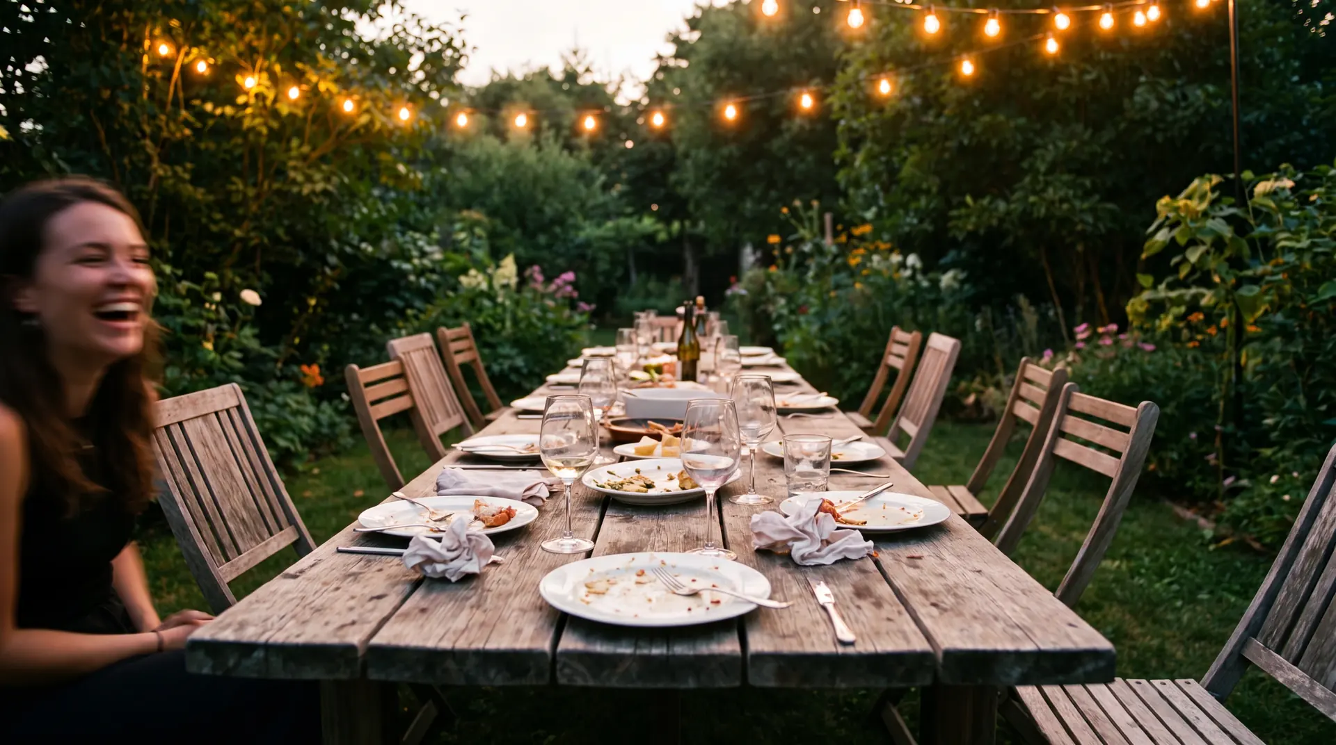A long table outdoors at dusk under string lights, chairs pushed back where people got up, glasses still on the table